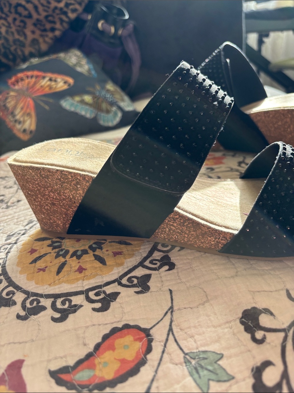 Cork Wedge Black Rhinestone Covered Double Strap Slide Sandals Size 11M - Picture 4 of 16